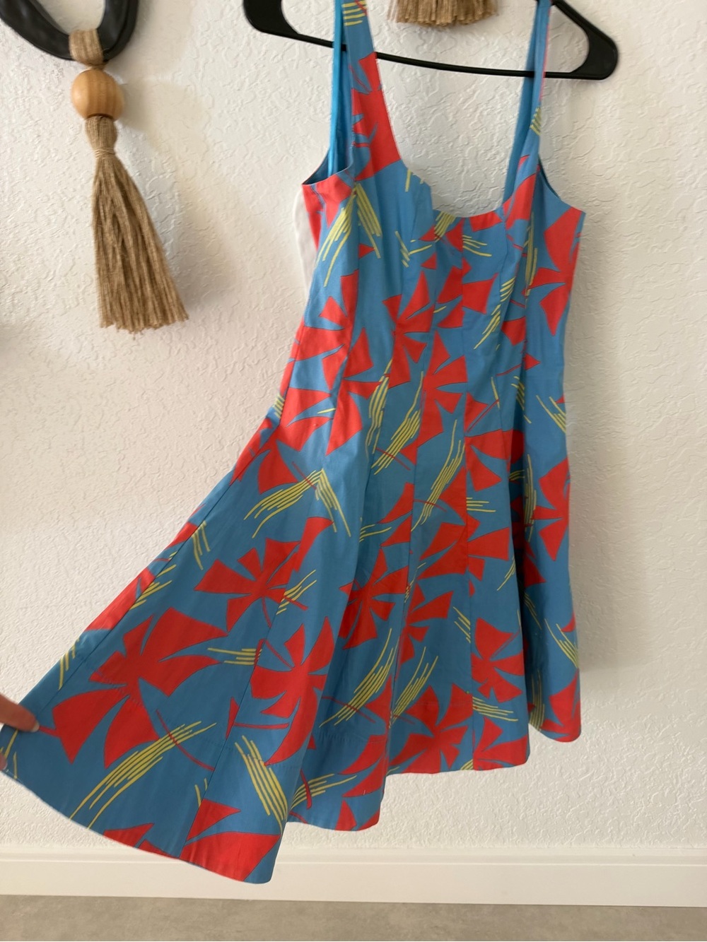 Blue Sundress with Red Geometric Print